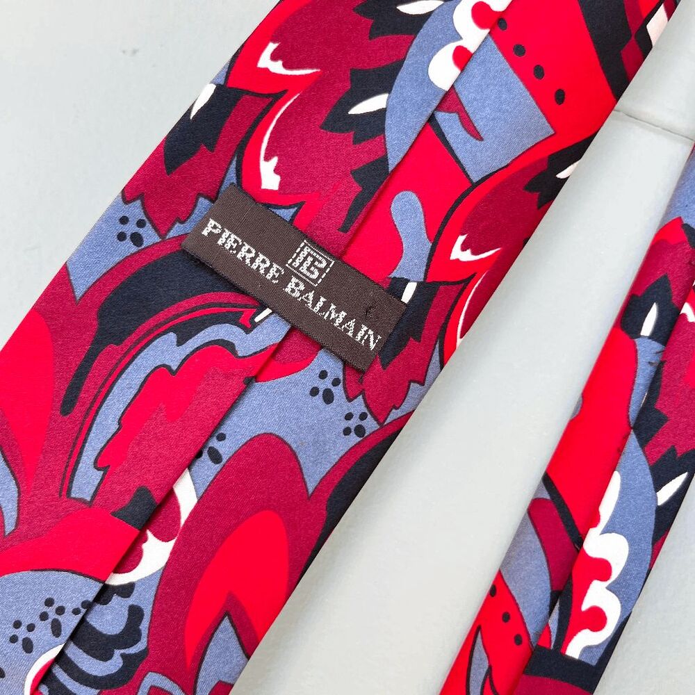 Pierre Balmain Tie Abstract Floral Maximalist Y2K 90s Designer Red Gray 3.5"